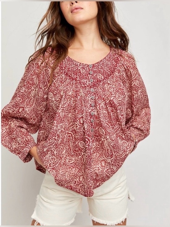We The Free Tops - We The Free Cool Meadow Long Sleeve Blouse Top Sweet Cranberry Sz L Boho Chic